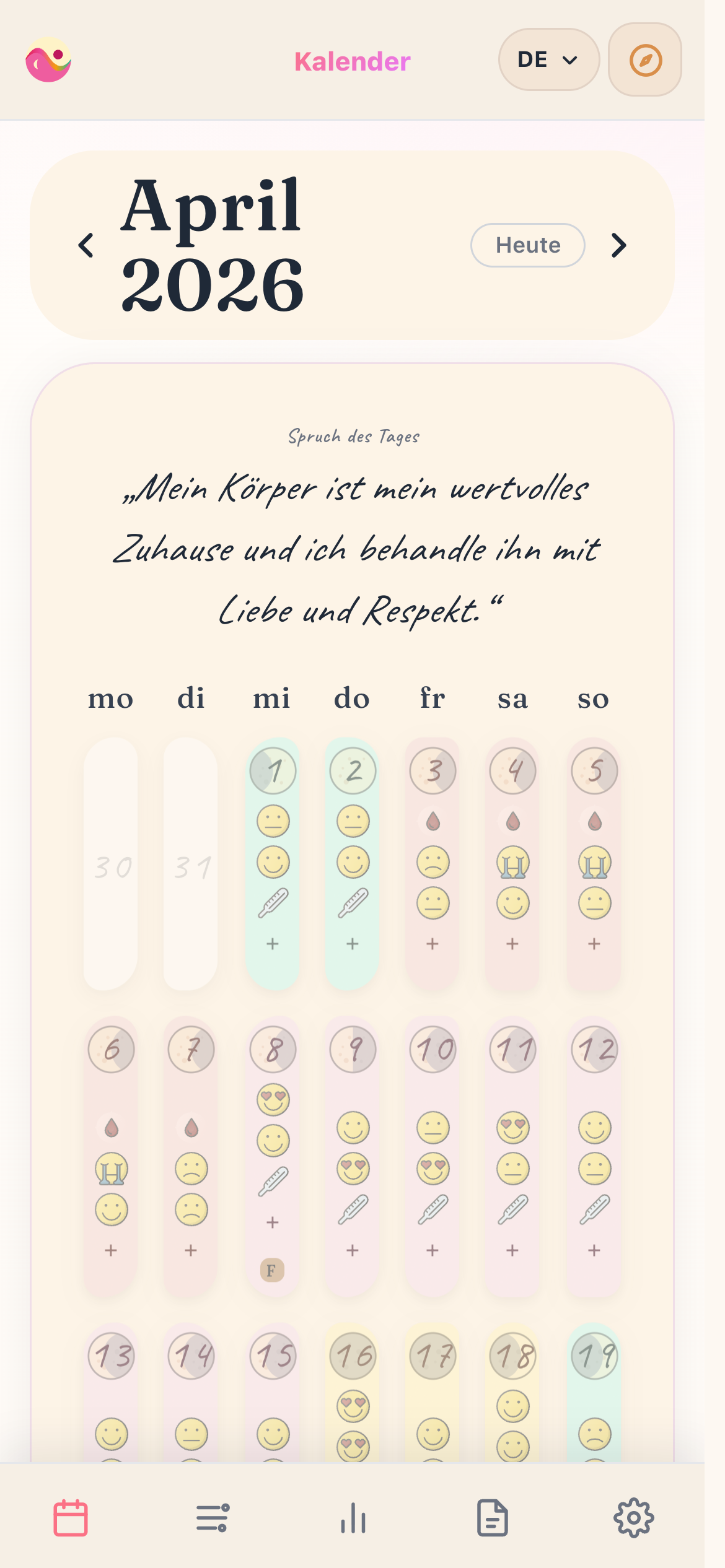 Kalender, Affirmation und tägliche Impulse (Smartphone-Ansicht)