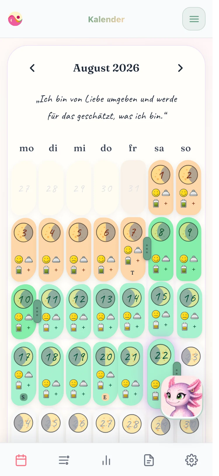 The filled BodySeasons cycle calendar on a phone: phase colours, moods, meals, moon phases and the companion in the lower right corner.