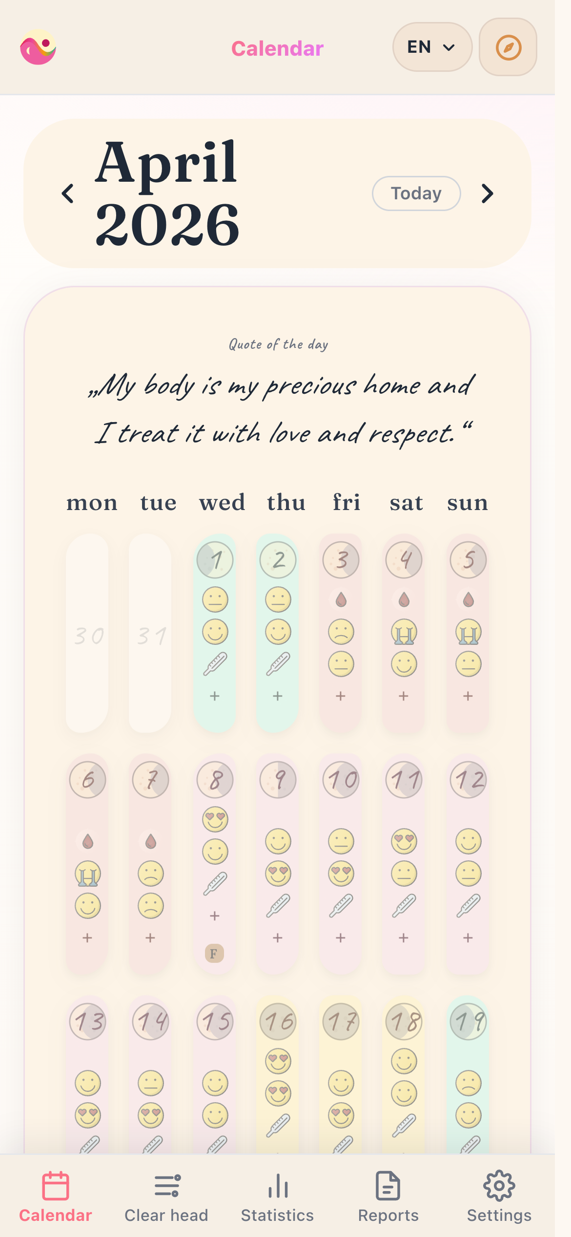 Calendar, affirmation and daily guidance (phone view)