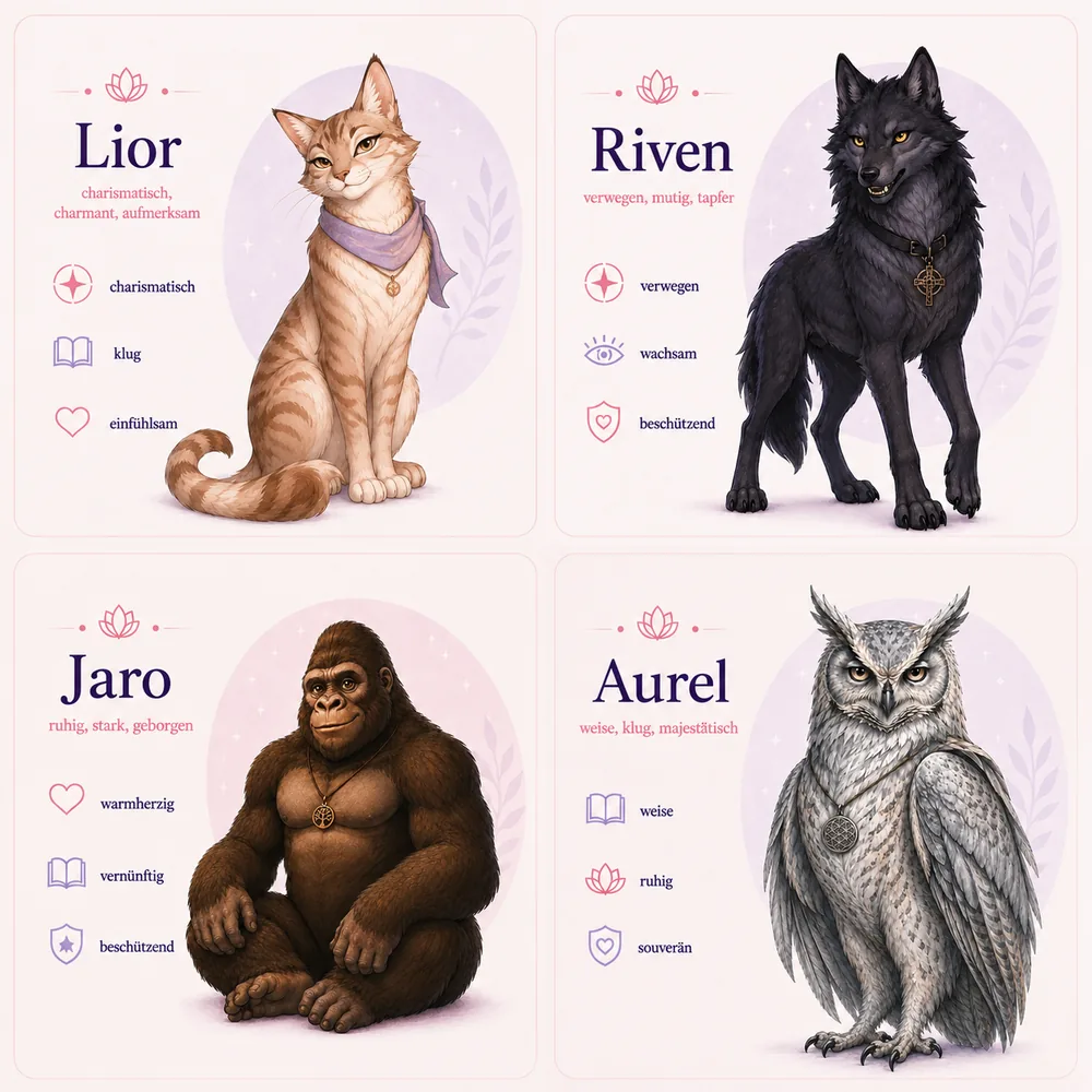 The personal companions Lior, Riven, Jaro and Aurel with their different qualities